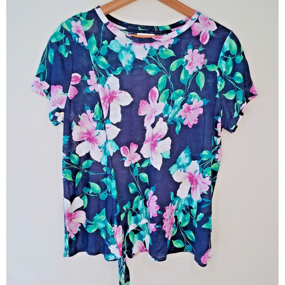 J. Jill Love Linen Tropical Tie‎ Top Sz M Floral Short Sleeve Boho Beachy Resort